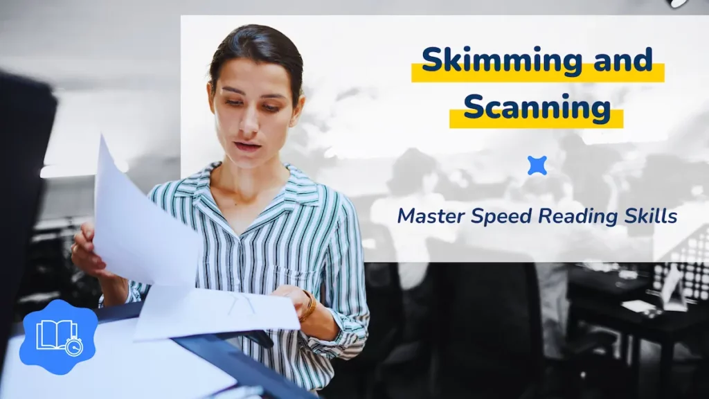 Woman skimming and scanning documents to master speed reading skills