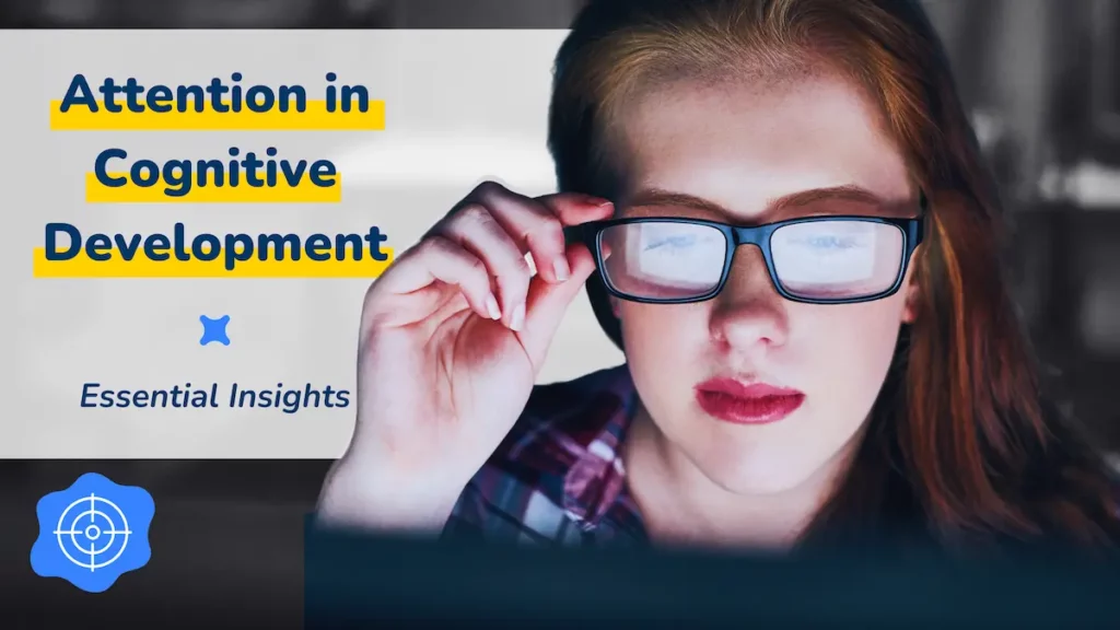 Woman wearing glasses, focused on a screen with the text "Attention in Cognitive Development"