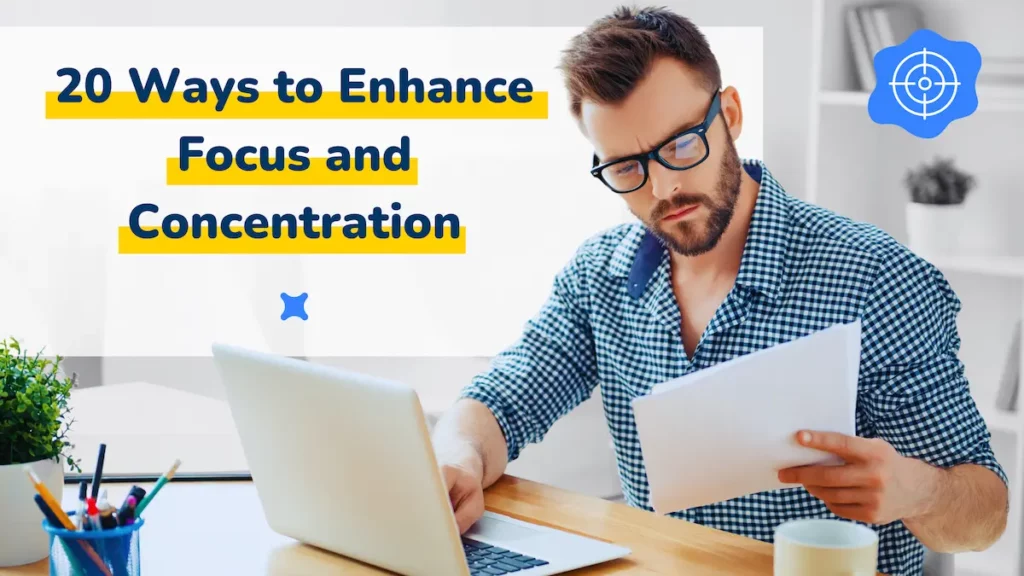 Man wearing glasses, focused on reading a document with the text "20 Ways to Enhance Focus and Concentration".