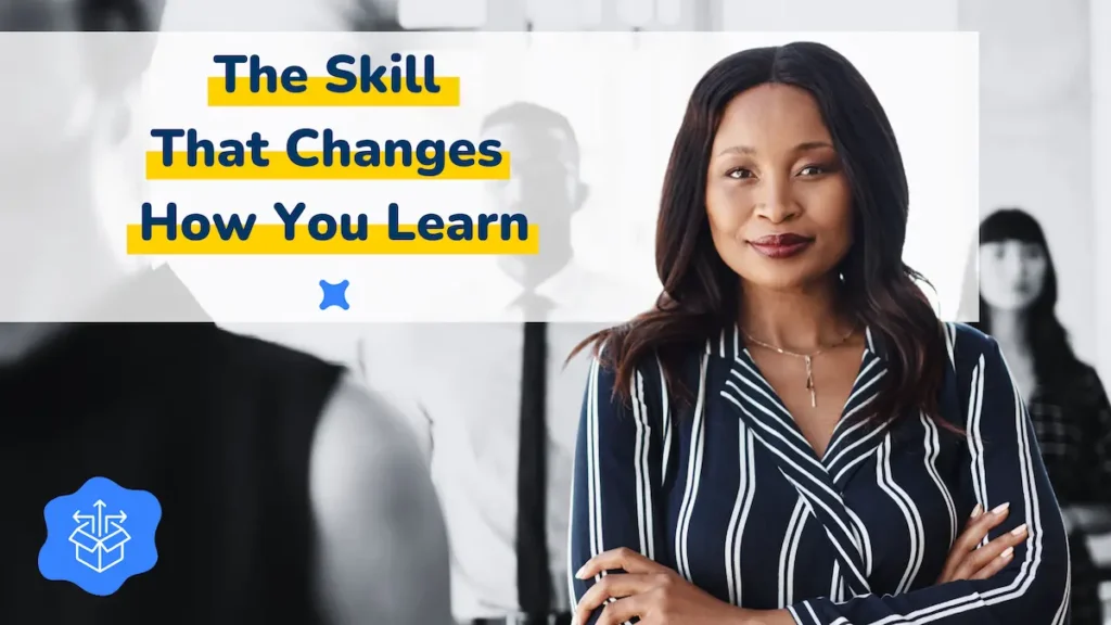 Confident professional woman in a striped blazer standing with arms crossed in an office, representing Lateral Thinking, the skill that changes how you learn, also at work.