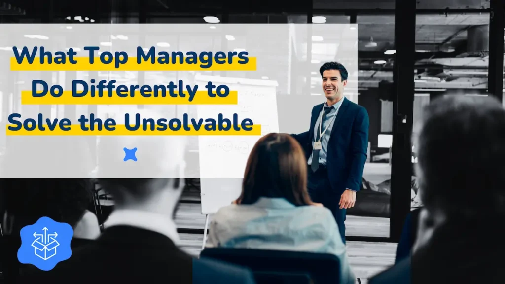 Business professional presenting to an audience in a modern office, illustrating what top managers do differently to solve difficult problems.