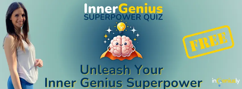 Smiling woman - inGeniusly's Founder and CEO Giulia Selene Remondino - next to an illustrated brain superhero with a lightbulb above it, promoting the free Inner Genius Superpower Quiz